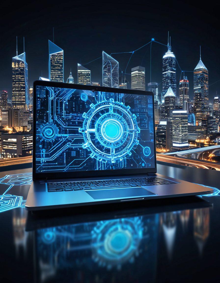 A futuristic, sleek laptop hovering above a dynamic cityscape of interconnected digital nodes and servers, with shimmering locks and shields representing top-notch security. Blueprints and gears symbolize optimization, and a glowing web hosting icon is prominently featured. Super-realistic. Vibrant colors. High-tech style.
