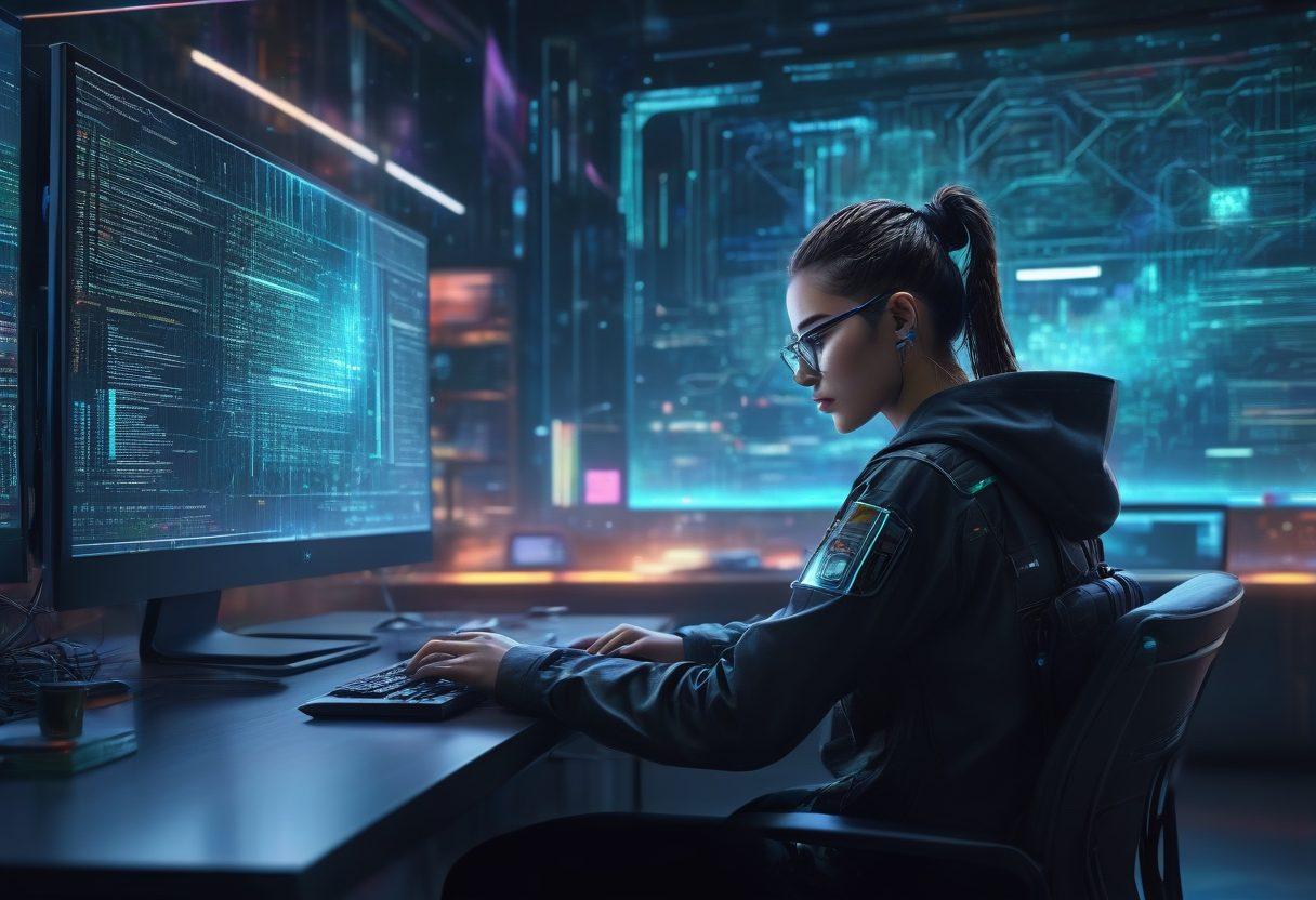An intricate, futuristic digital workspace with a developer intensely coding on a sleek ultra-wide monitor, alongside holographic elements representing different aspects of web development like coding languages, UX design, SEO, and analytics. The background is filled with interconnected digital networks, symbolizing the complexity and connectivity of web development. cyberpunk. vibrant colors. super-realistic.