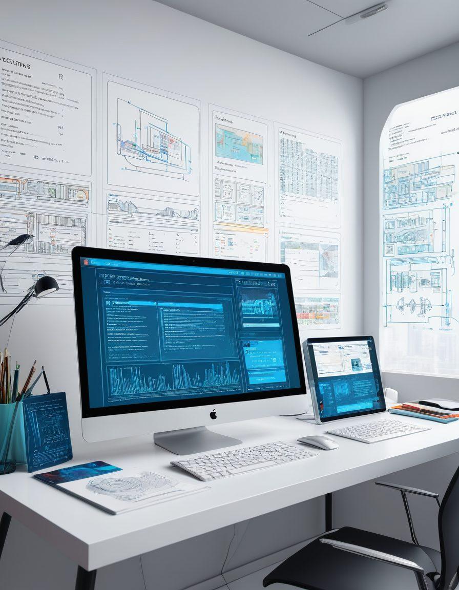 A futuristic workspace with a sleek computer displaying a website's design blueprint, surrounded by tools like coding books, tablets with code snippets, and maintenance checklists. The background should show a timeline depicting stages from initial design to ongoing maintenance. modern digital art. vibrant colors. white background.